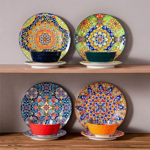 Bohemian-style 12-piece porcelain dinnerware set with front-only floral and geometric patterns in assorted mix - modern and artistic table setting