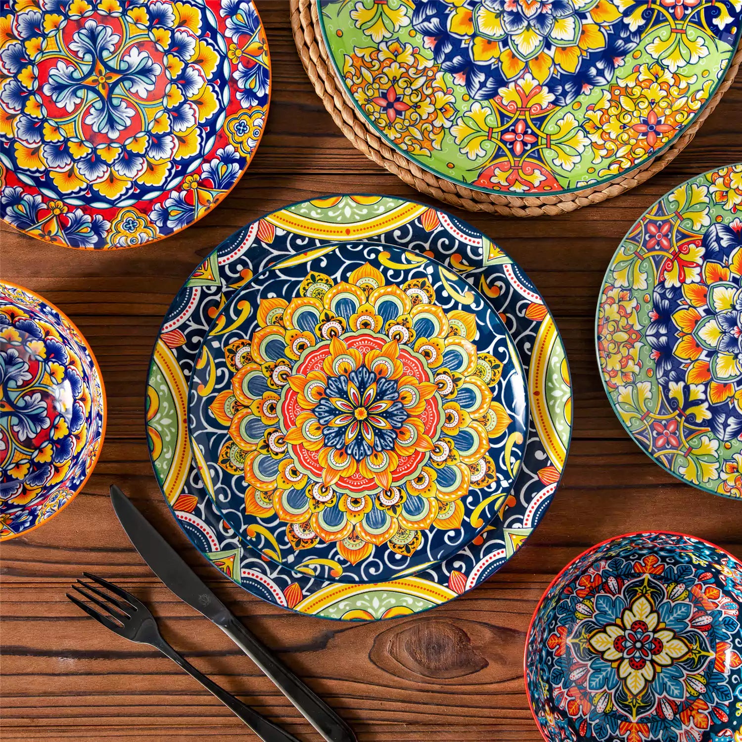Bohemian-style 12-piece porcelain dinnerware set with front-only floral and geometric patterns in assorted mix - modern and artistic table setting