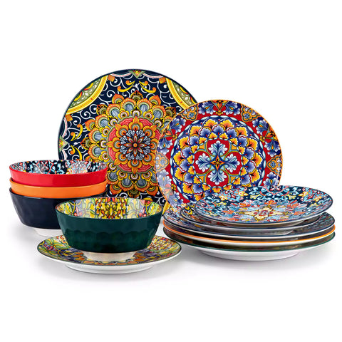 Bohemian-style 12-piece porcelain dinnerware set with front-only floral and geometric patterns in assorted mix - modern and artistic table setting