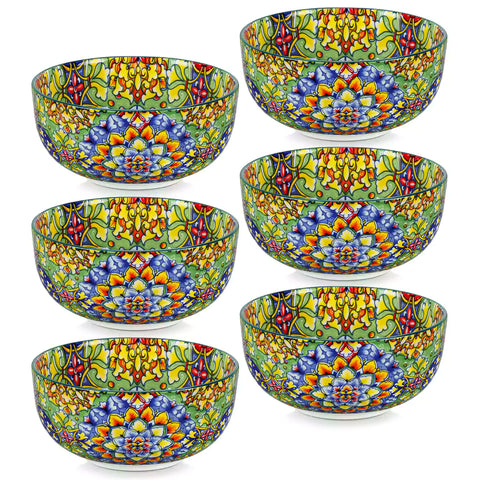 The Simi Set of 6 Double-Sided Stoneware Bowls by vancasso features a stylish boho chic design in grass green