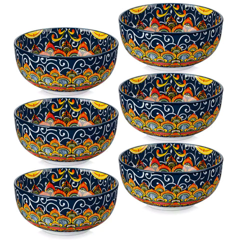 The Simi Set of 6 Double-Sided Stoneware Bowls by vancasso features a stylish boho chic design in forest green