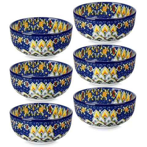 The Simi Set of 6 Double-Sided Stoneware Bowls by vancasso features a stylish boho chic design in navy blue