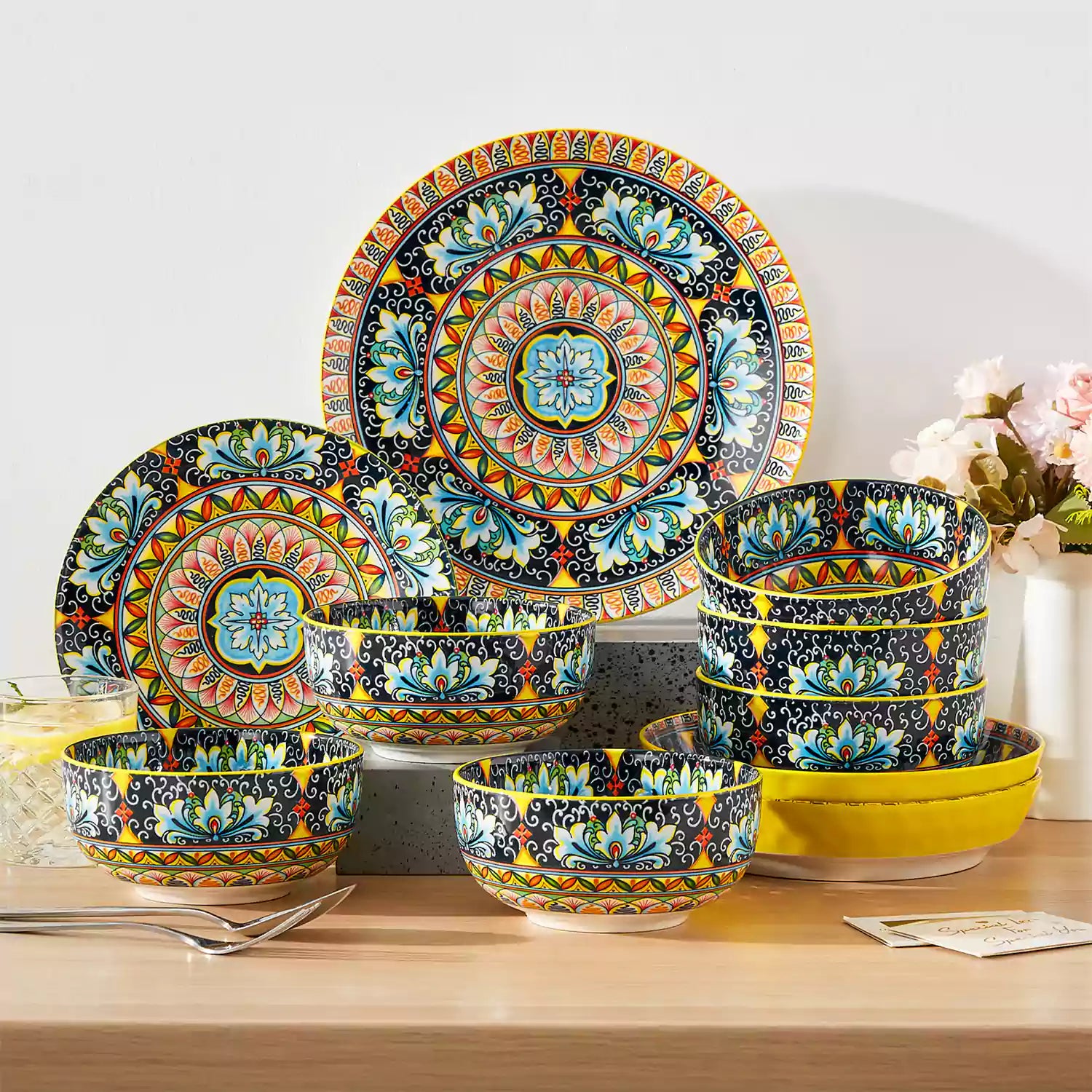 The Simi Set of 6 Double-Sided Stoneware Bowls by vancasso features a stylish boho chic design in bright yellow