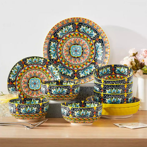 The Simi Set of 6 Double-Sided Stoneware Bowls by vancasso features a stylish boho chic design in bright yellow