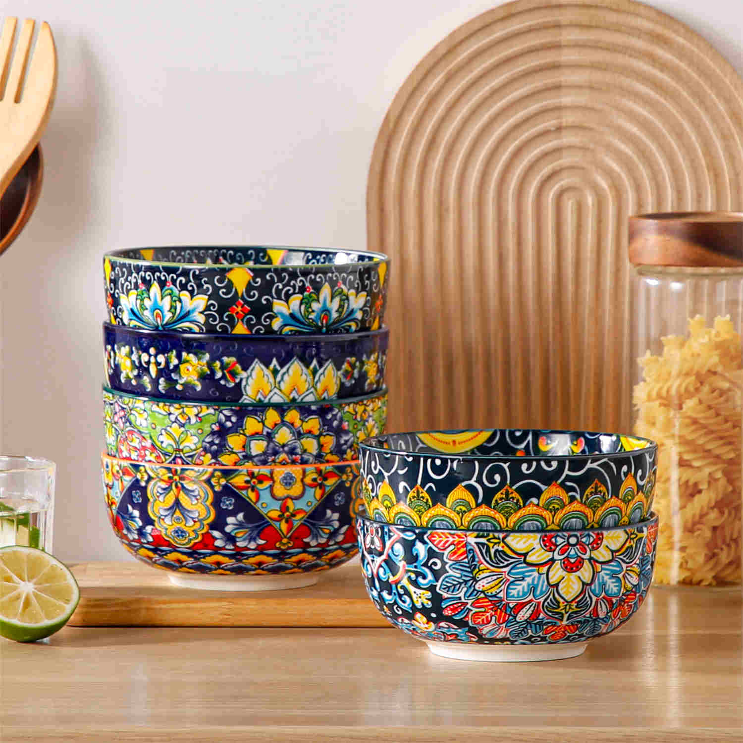 The Simi Set of 6 Double-Sided Stoneware Bowls by vancasso features a stylish boho chic design in assorted colors