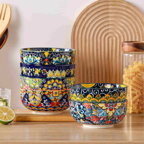 The Simi Set of 6 Double-Sided Stoneware Bowls by vancasso features a stylish boho chic design in assorted colors