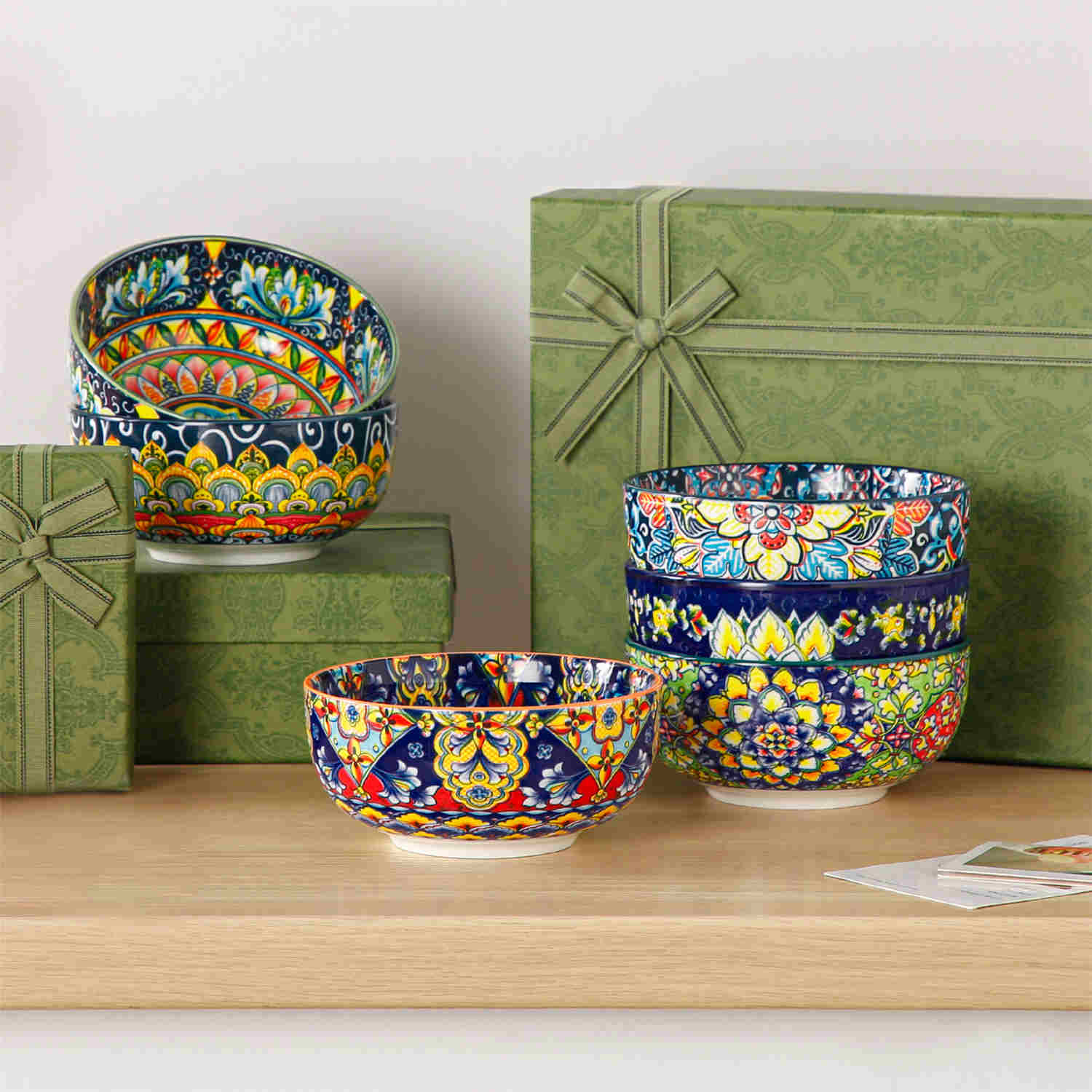 The Simi Set of 6 Double-Sided Stoneware Bowls by vancasso features a stylish boho chic design in assorted colors