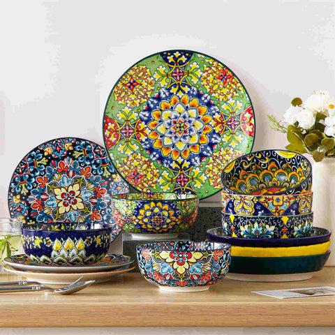 The Simi Set of 6 Double-Sided Stoneware Bowls by vancasso features a stylish boho chic design in assorted colors