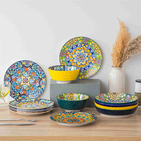 Boho Chic Simi Porcelain Salad Plates Set of 6 with Vibrant Pattern-vancasso