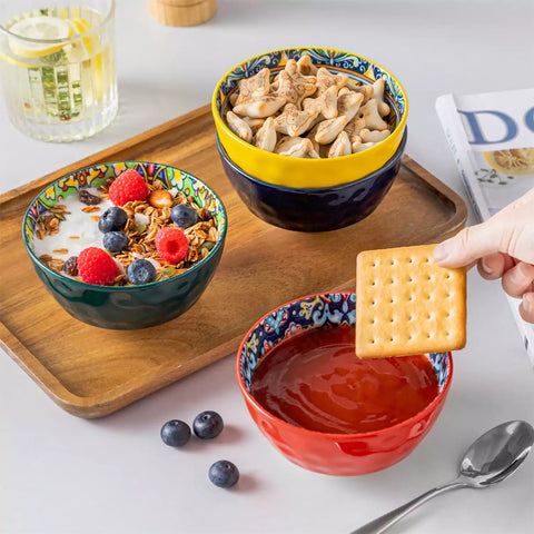 Set Of 6 Bohemian-Style Porcelain Mini Cereal Bowls - Perfect For Serving Cereal or Snacks or Desserts.