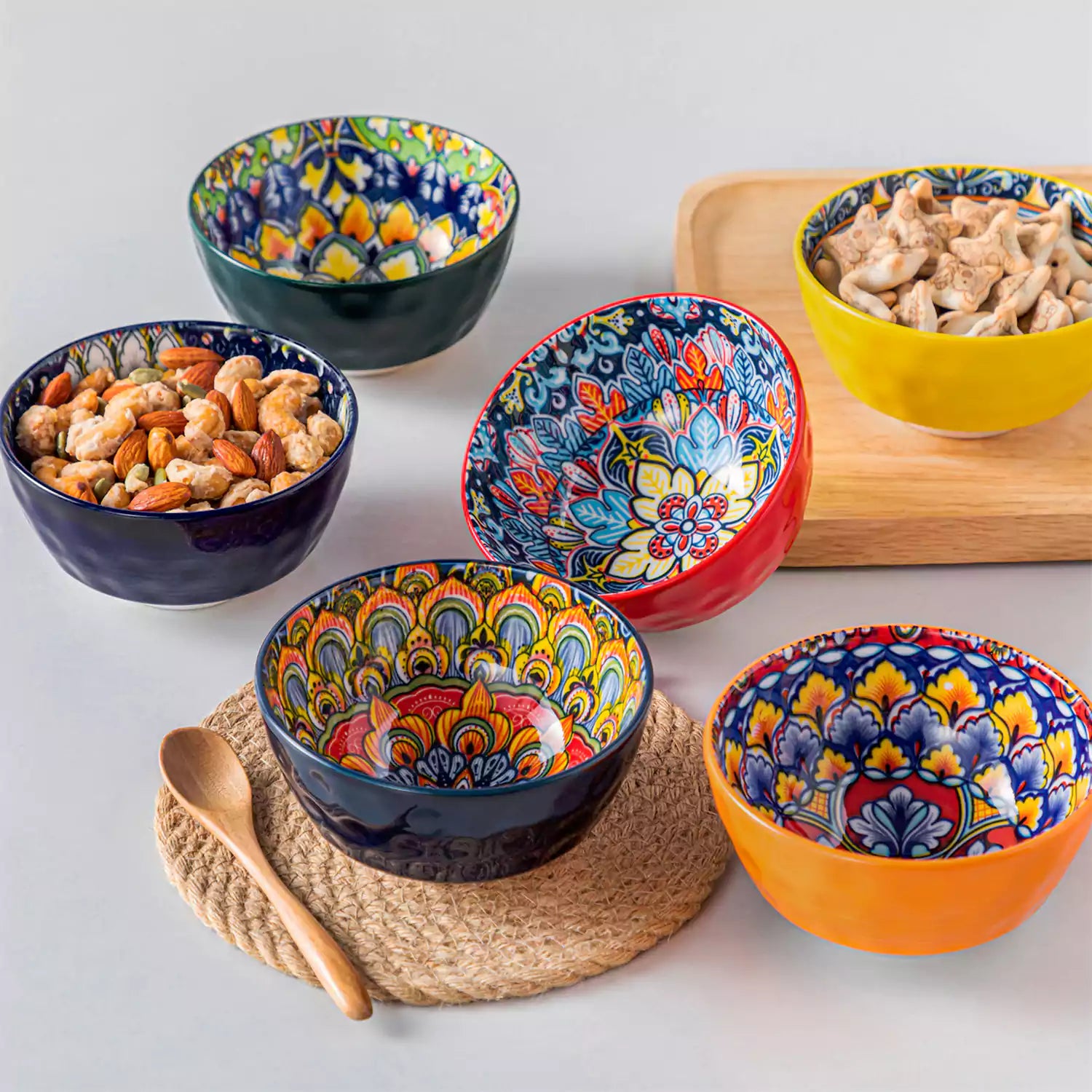 Set Of 6 Bohemian-Style Porcelain Mini Cereal Bowls - Perfect For Serving Cereal or Snacks or Desserts.