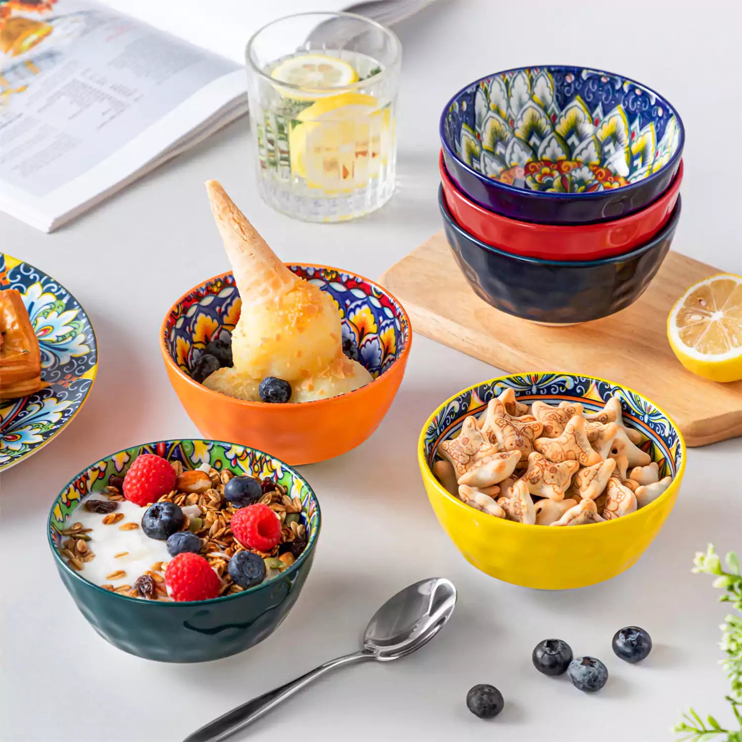 Set Of 6 Bohemian-Style Porcelain Mini Cereal Bowls - Perfect For Serving Cereal or Snacks or Desserts.