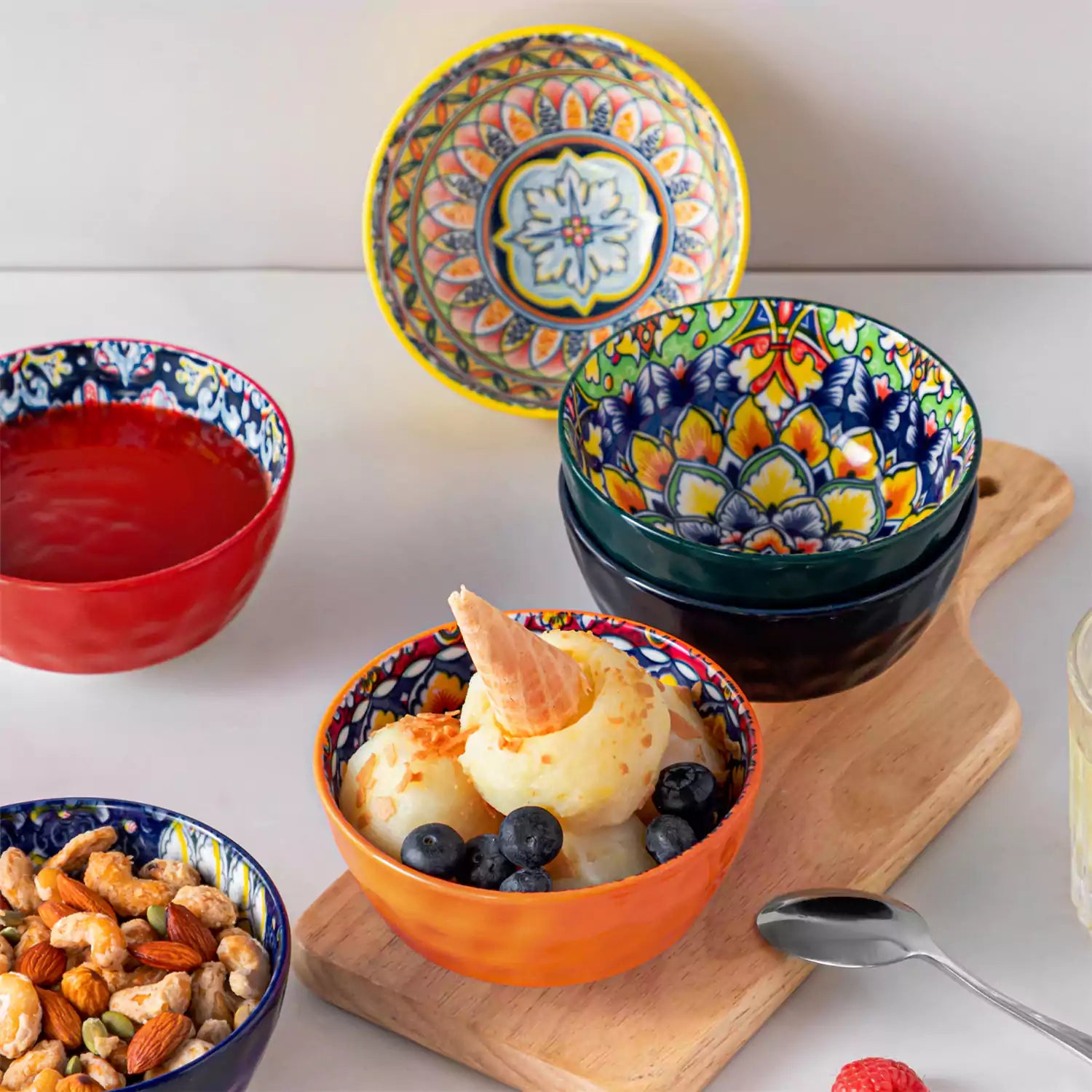 Set Of 6 Bohemian-Style Porcelain Mini Cereal Bowls - Perfect For Serving Cereal or Snacks or Desserts.