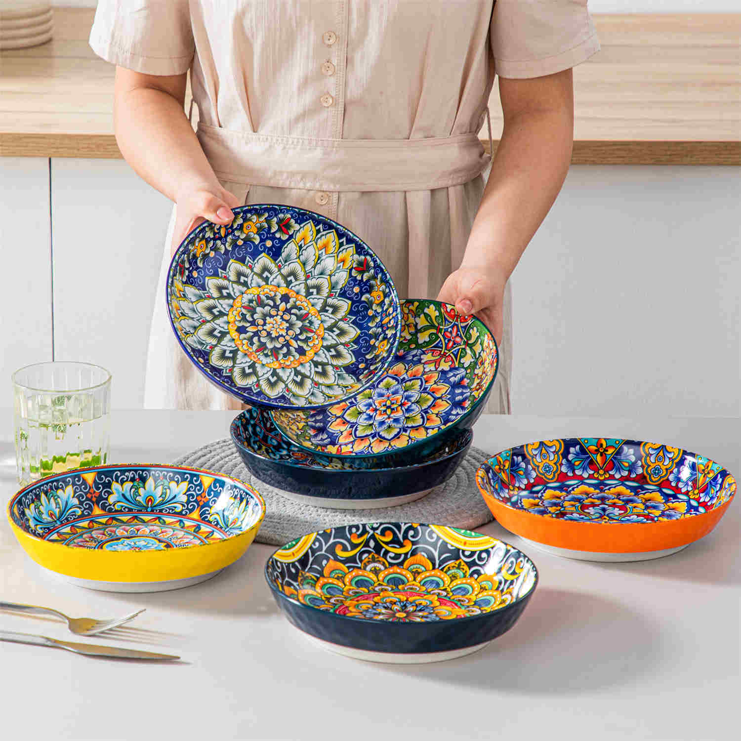 Boho Chic Simi Porcelain Pasta Bowls Set of 6 with Vibrant Pattern-vancasso