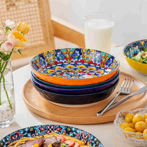 Boho Chic Simi Porcelain Pasta Bowls Set of 6 with Vibrant Pattern-vancasso