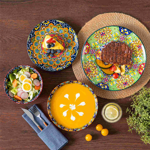 Boho Chic Simi 16-Piece Porcelain Dinnerware Set in Assorted Colors with Embossed Cereal Bowls