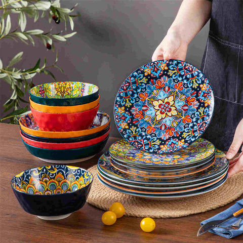 Boho Chic Simi 16-Piece Porcelain Dinnerware Set in Assorted Colors with Embossed Cereal Bowls