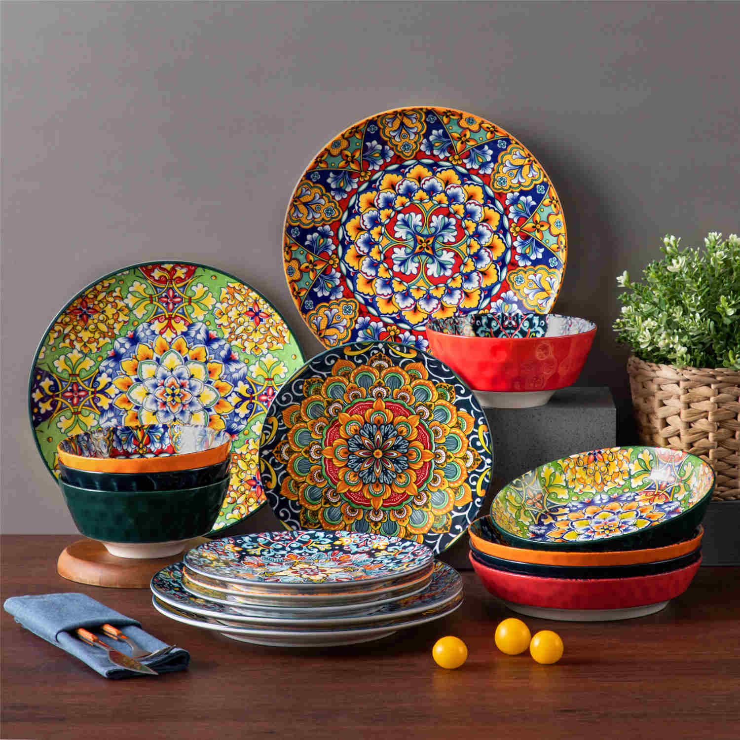 Boho Chic Simi 16-Piece Porcelain Dinnerware Set in Assorted Colors with Embossed Cereal Bowls