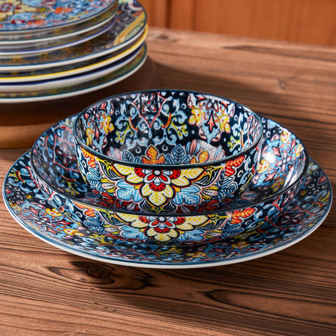vancasso Simi 24-Piece Dinnerware Set With Double-Sided Bowls, Showcasing Vibrant Bohemian Patterns For An Elegant And Versatile Table Setting.