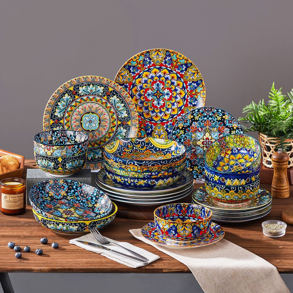 vancasso Simi 24-Piece Dinnerware Set With Double-Sided Bowls, Showcasing Vibrant Bohemian Patterns For An Elegant And Versatile Table Setting.