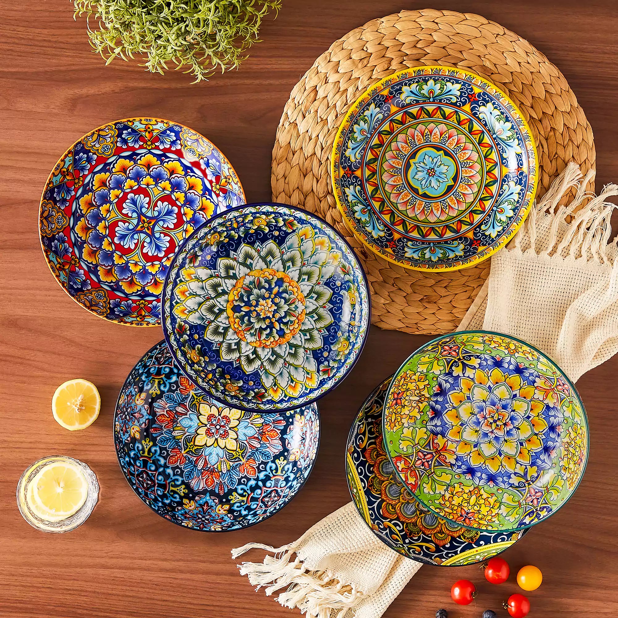 Boho chic porcelain pasta bowls set of 6 with colorful cherry tomatoes and lemons on a wooden surface-vancasso