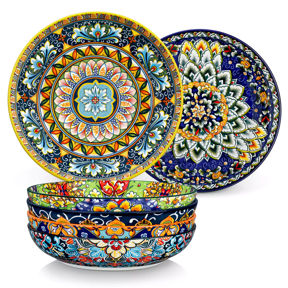 Boho chic porcelain pasta bowls set of 6 with colorful cherry tomatoes and lemons on a wooden surface-vancasso