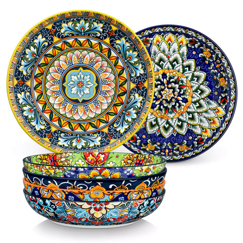 Boho chic porcelain pasta bowls set of 6 with colorful cherry tomatoes and lemons on a wooden surface-vancasso