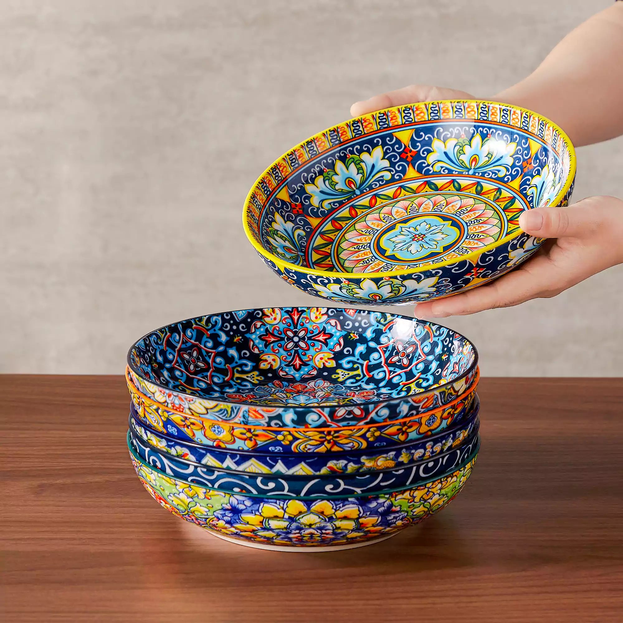 Boho chic porcelain pasta bowls set of 6 with colorful cherry tomatoes and lemons on a wooden surface-vancasso