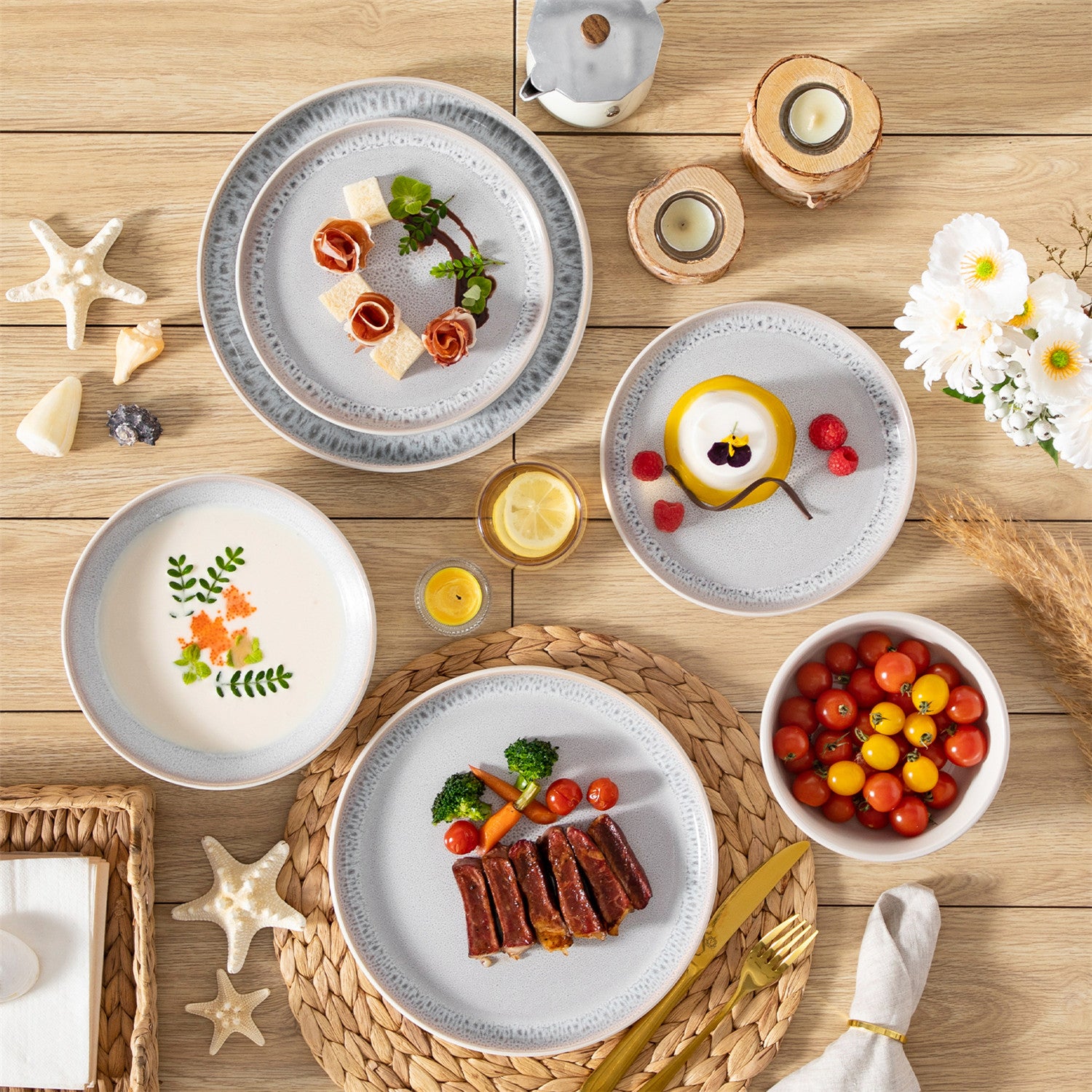 Snow 24-Piece Stoneware Dinnerware Set - Service For 6 Minimalist Design Let You Enjoy Elegance Every Day - Beige