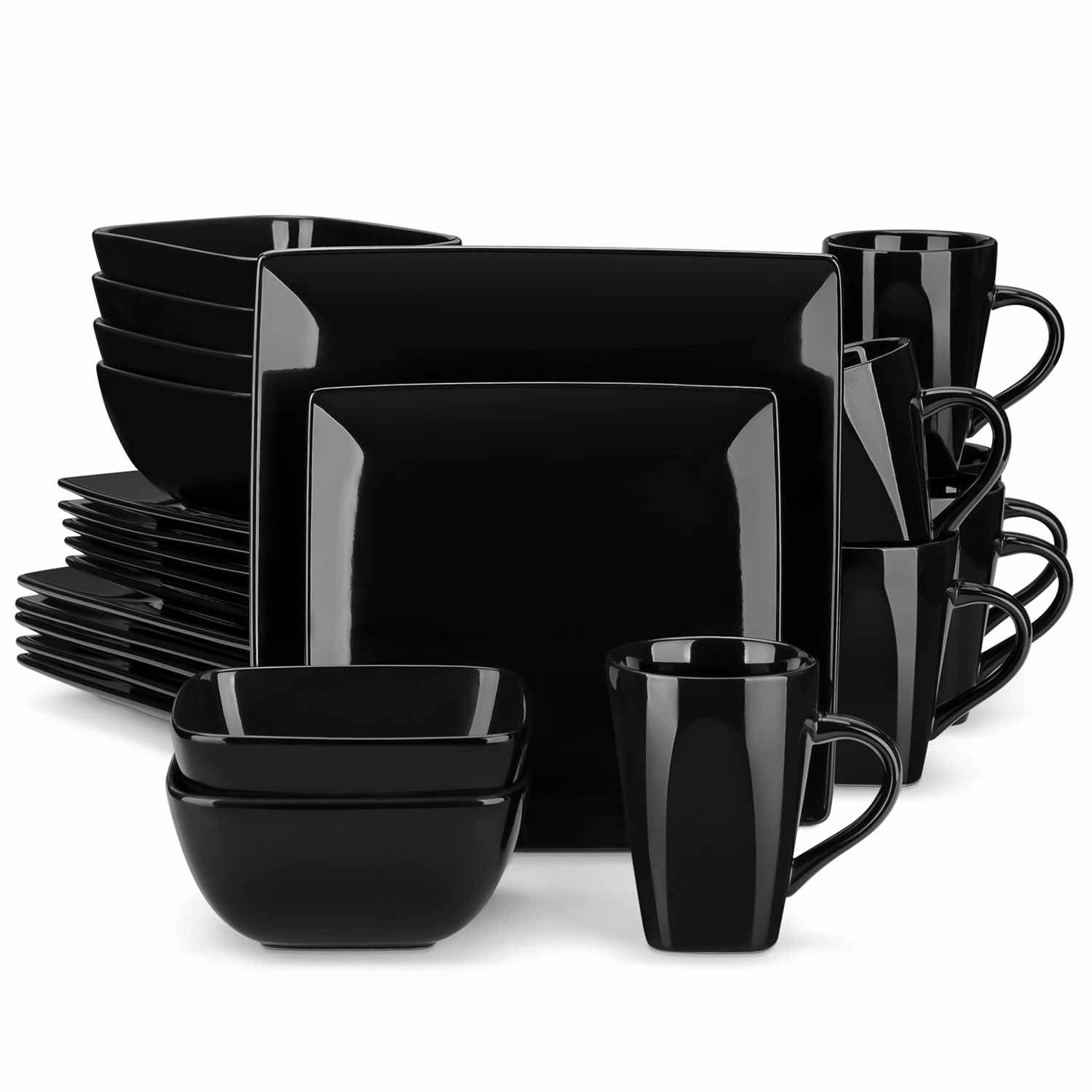 A glossy black 24-piece stoneware dinnerware set from the Soho collection - featuring a sleek square design with plates and mugs for 6 people-vancasso