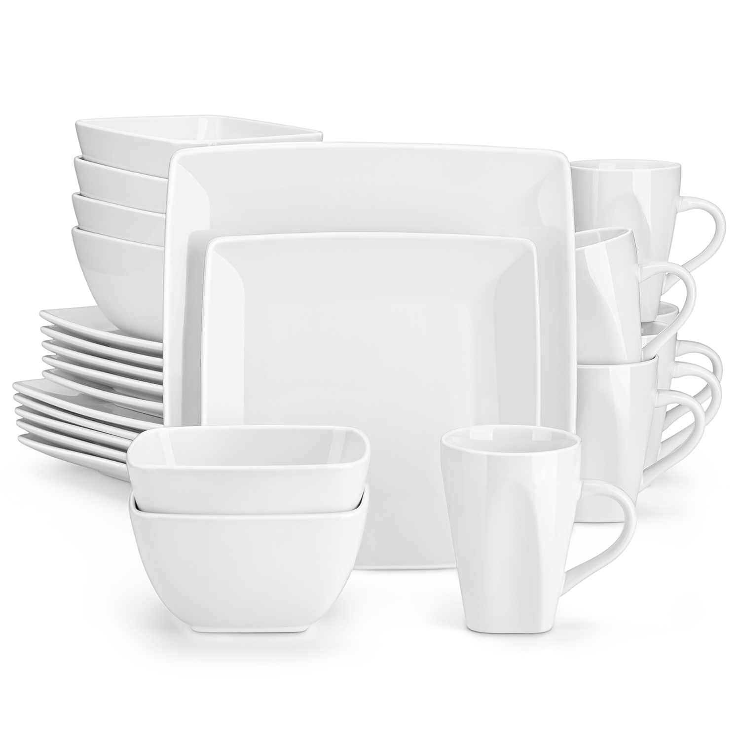 A glossy white 24-piece stoneware dinnerware set from the Soho collection - featuring a sleek square design with plates and mugs for 6 people-vancasso