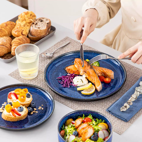 Starry Lipped-Edge 12-Piece Stoneware Dinnerware Set Featuring A Unique Starry Design And Functional Lipped Edges - Blue
