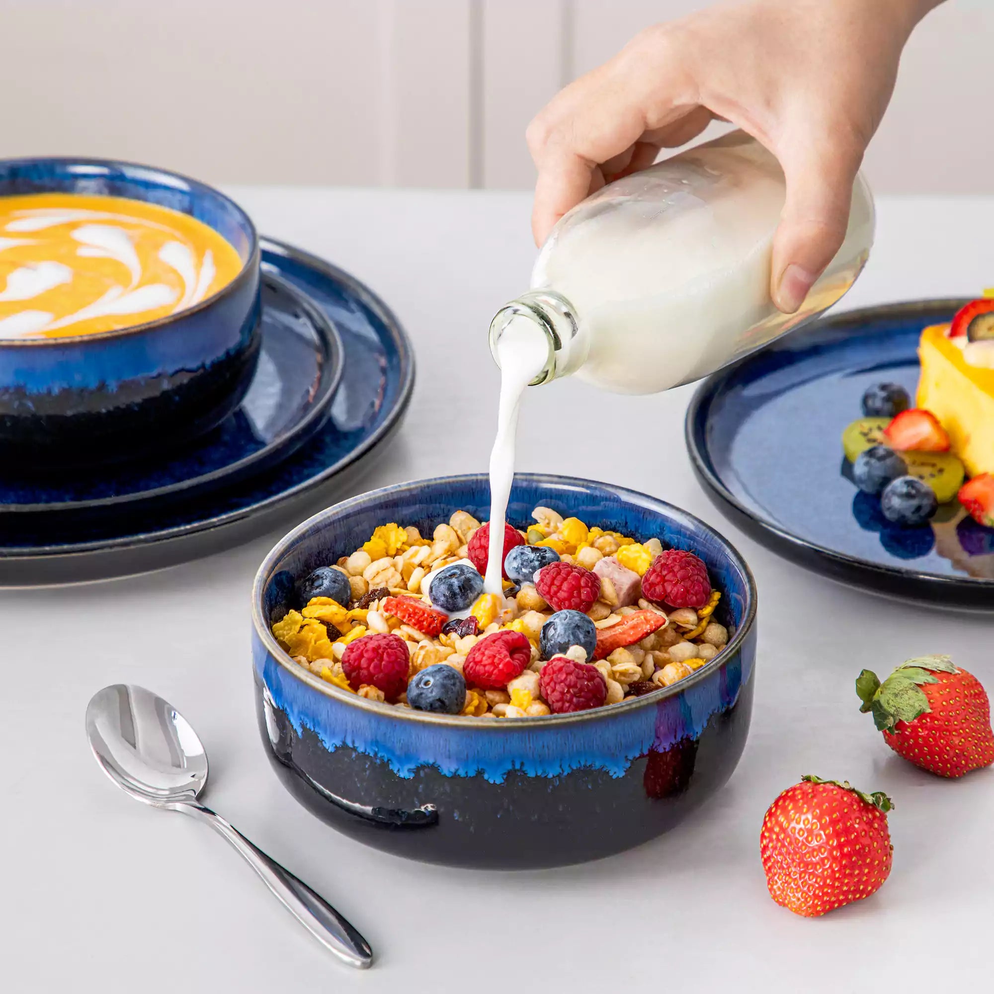 Starry Lipped-Edge 12-Piece Stoneware Dinnerware Set Featuring A Unique Starry Design And Functional Lipped Edges - Blue