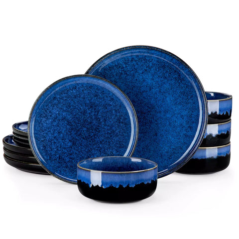 Starry Lipped-Edge 12-Piece Stoneware Dinnerware Set Featuring A Unique Starry Design And Functional Lipped Edges - Blue