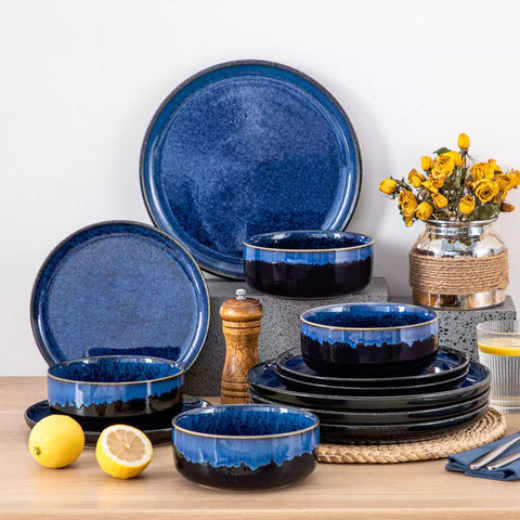 Starry Lipped-Edge 12-Piece Stoneware Dinnerware Set Featuring A Unique Starry Design And Functional Lipped Edges - Blue