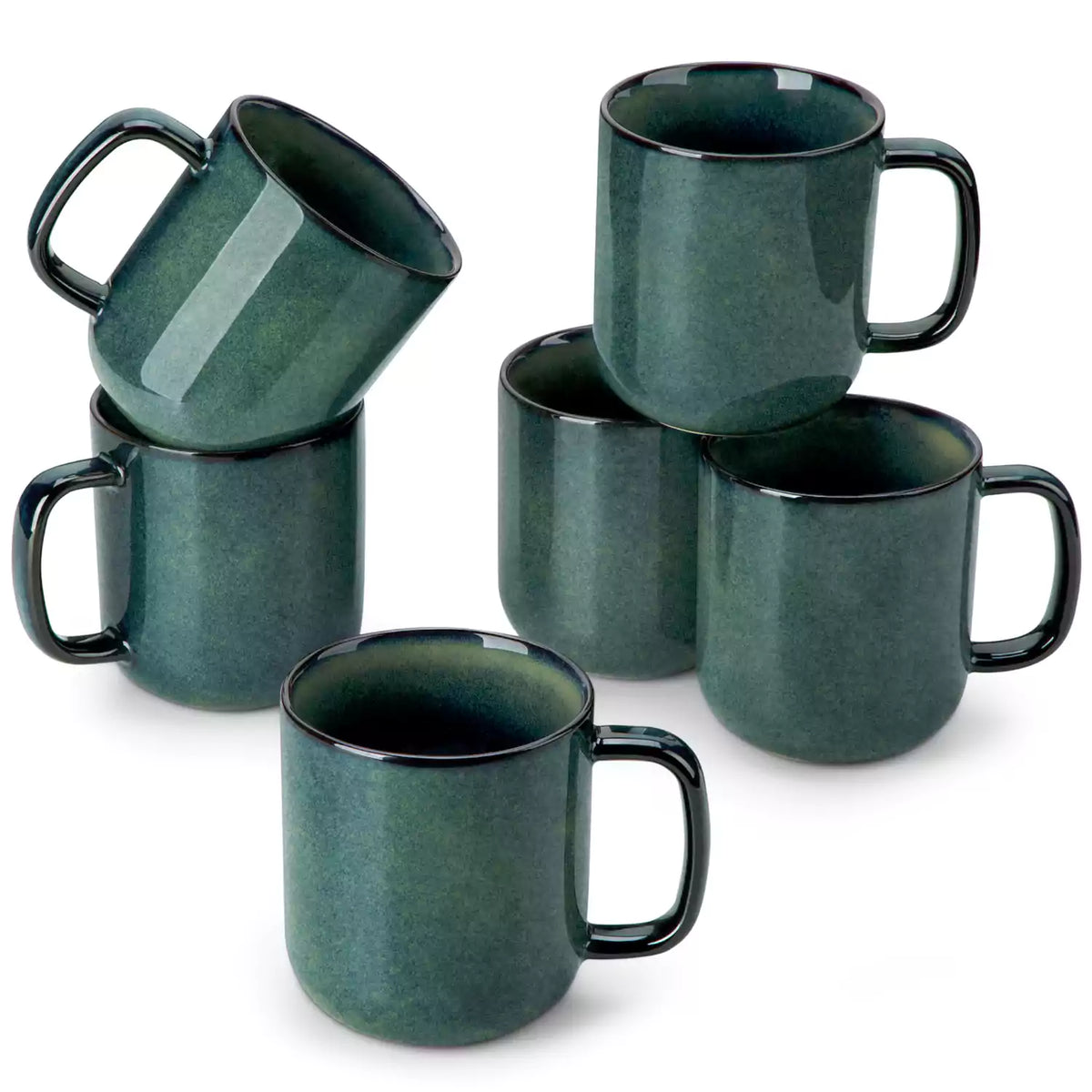 Starry gently curved green mugs set of 6 displayed on a wooden table with a coffee maker and a plate of pastries