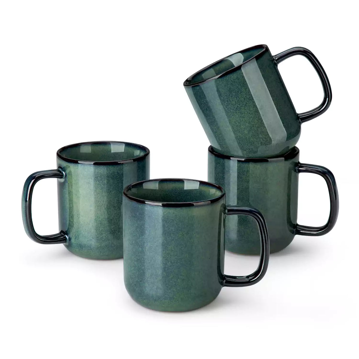 Starry teal 12oz stoneware mugs set of 4 with coffee on wooden table next to coffee maker and fresh bread cozy breakfast scene