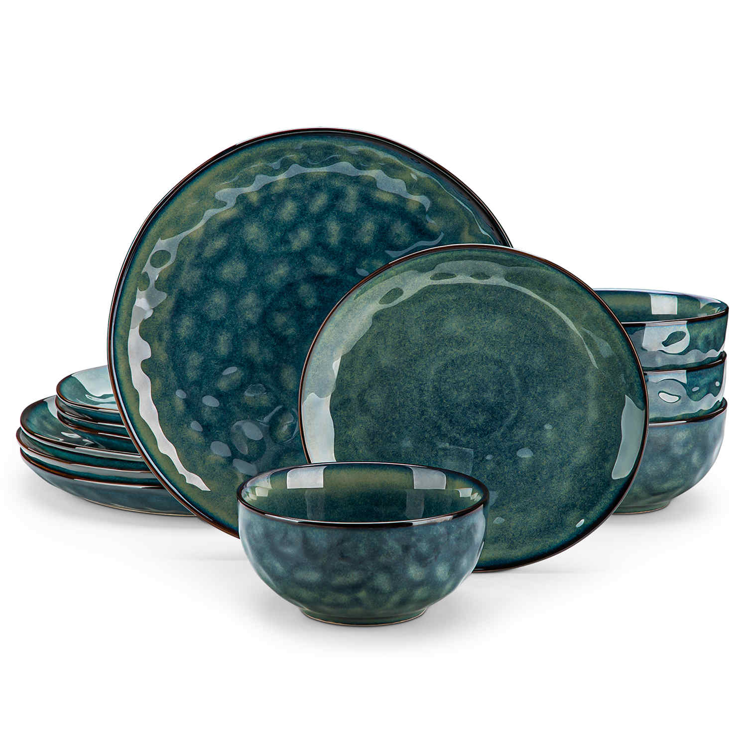 Starry 12-piece stoneware dinnerware set in green on a light wooden table - styled with lamb chops - pastries - coffee pot - and lemon water for a cozy farmhouse breakfast scene