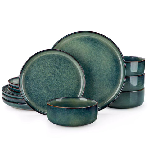 Starry Lipped-Edge 12-Piece Stoneware Dinnerware Set Featuring A Unique Starry Design And Functional Lipped Edges - Green