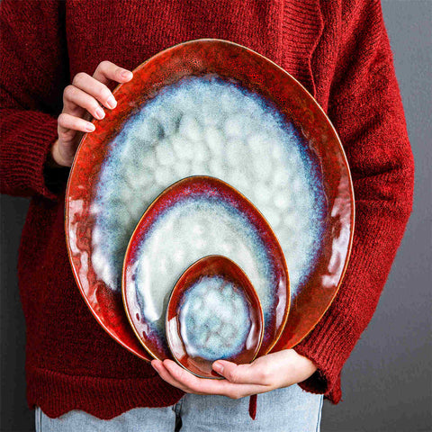 Starry 11-Piece Dinnerware Set with Oval Plates - Bowls - and Serving Dishes in Red Reactive Glaze-vancasso