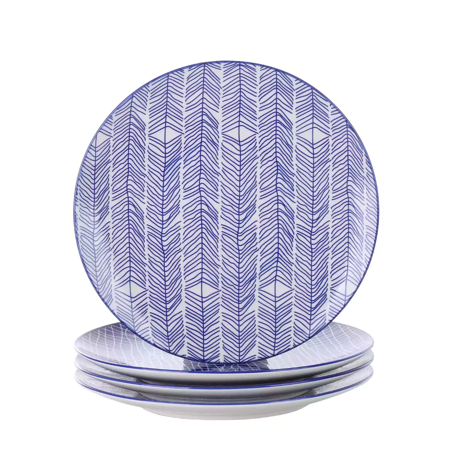 Porcelain dinner plates set of 4 with classic Japanese indigo stripe patterns, featuring assorted designs, ideal for serving steak.