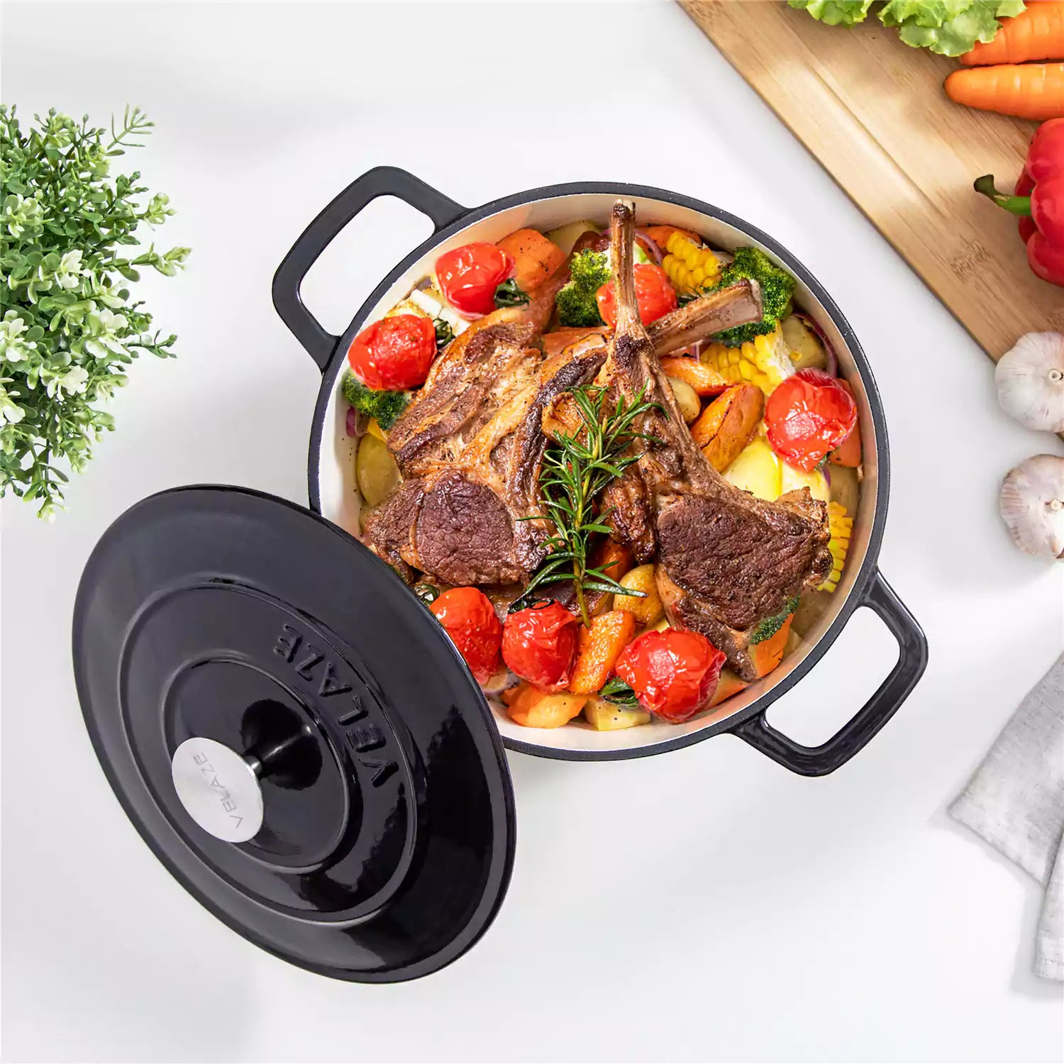 Velaze 6qt Enameled Cast Iron Round Dutch Oven With Lid - Featuring A Durable Enamel Finish - Ideal For Slow Cooking - Baking - And Braising - Black