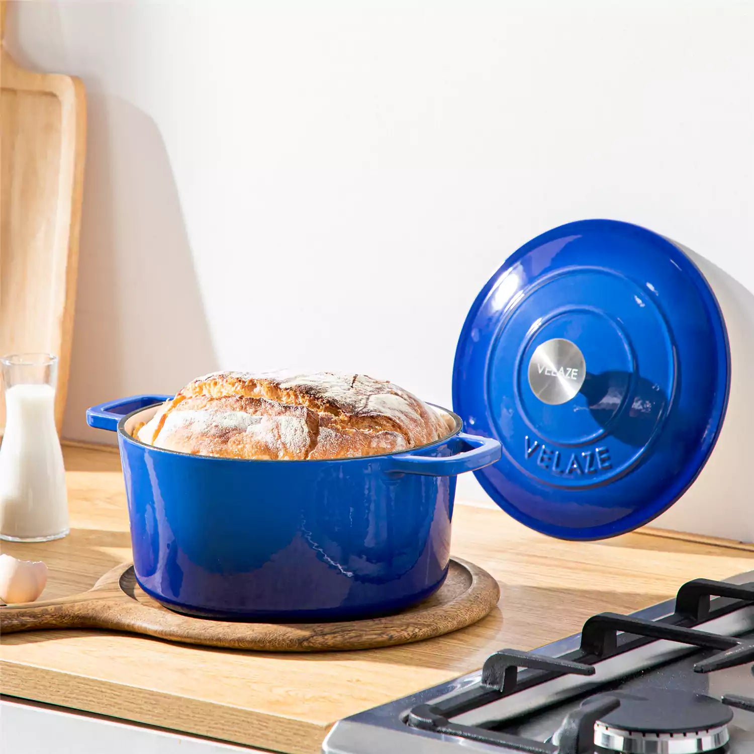 Velaze 6qt Enameled Cast Iron Round Dutch Oven With Lid - Featuring A Durable Enamel Finish - Ideal For Slow Cooking - Baking - And Braising - Blue