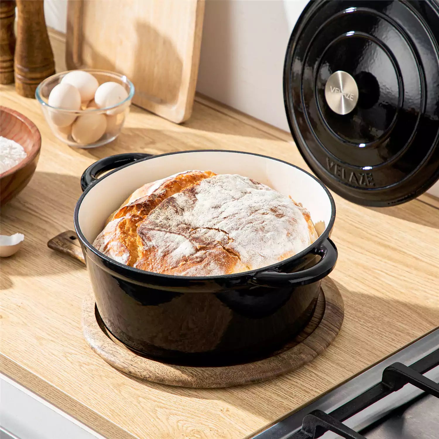 Velaze Six and a Half Quart Enameled Cast Iron Dutch Oven Ideal For Roasting Stewing With A Lid For Superior Heat Retention - Black