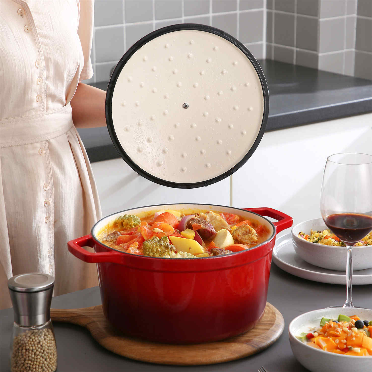 Red 7.5QT Enameled Cast Iron Round Dutch Oven, Durable Cast Iron Cookware For Even Heat-vancasso
