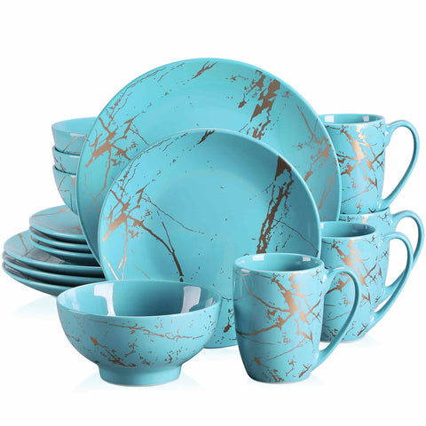 Lovecasa 16-Piece Gold Splash Dinnerware Set Combining Elegance And Functionality For Any Dining Occasion - Turquoise