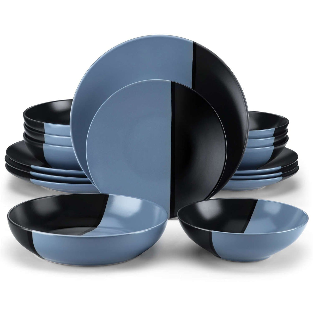 Accel 16-piece blue and black two-tone semi-matte dinnerware set with stacked plates and bowls