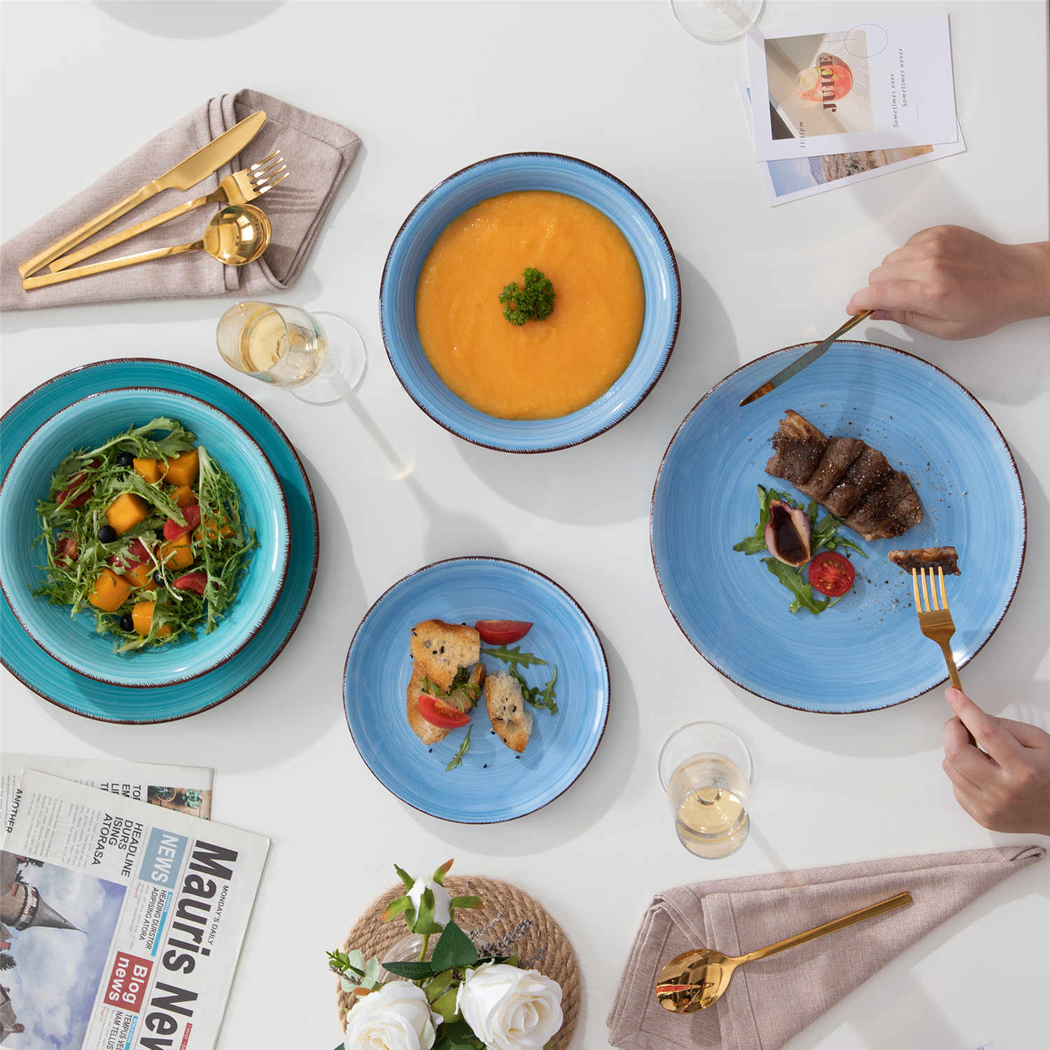 blue dinnerware set