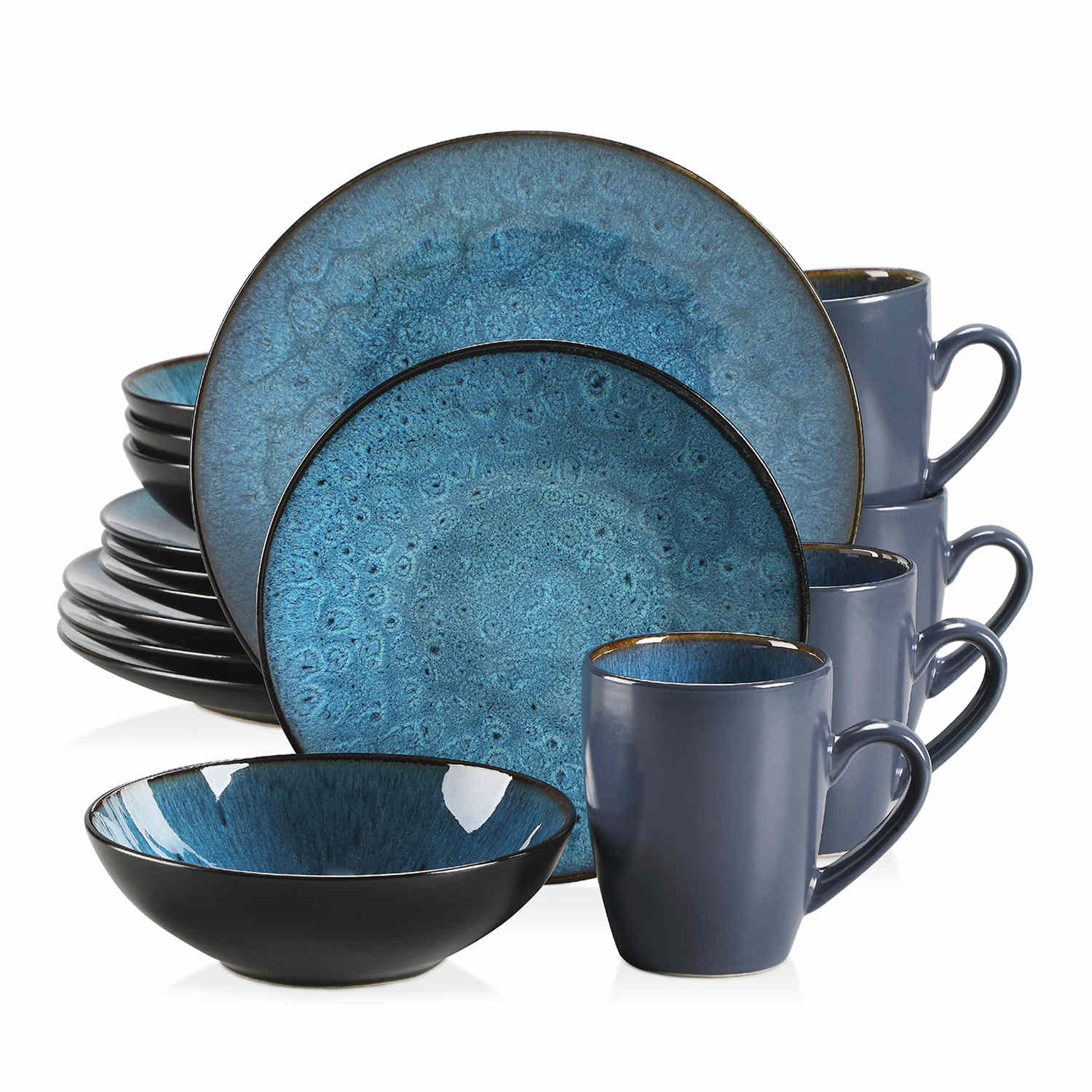Bubble 16 Piece Stoneware Dinnerware Set With A Modern Textured Design - Perfect For Elevating Everyday Meals - Blue