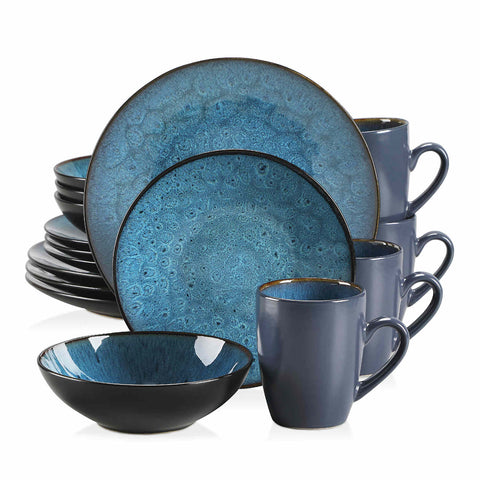 Bubble 16 Piece Stoneware Dinnerware Set With A Modern Textured Design - Perfect For Elevating Everyday Meals - Blue
